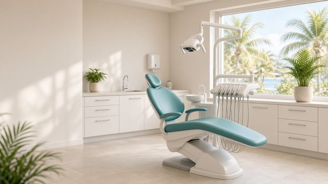 Imagen ilustrativa: sillón dental turquesa junto a una ventana